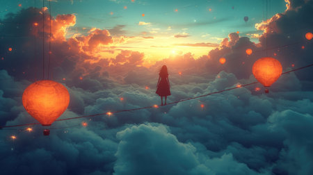 Conceptual image of a woman standing on a rope in the clouds.の素材