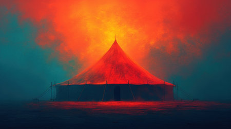 Tent in the smoke. 3D illustration. 3D rendering.の素材