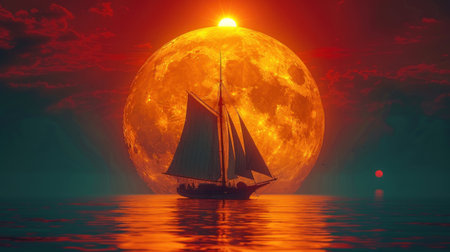 sailing boat on the sea at full moon background. 3d renderの素材