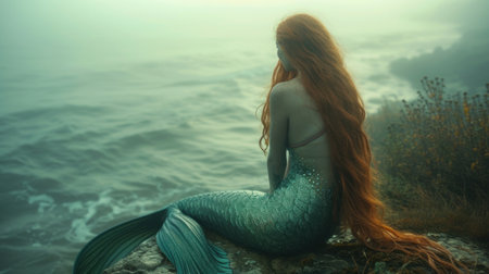 Beautiful mermaid sitting on rock and looking at sea. Fairy tale scene.の素材