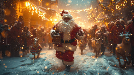 Santa Claus walking with reindeer on snowy street. Christmas background.の素材