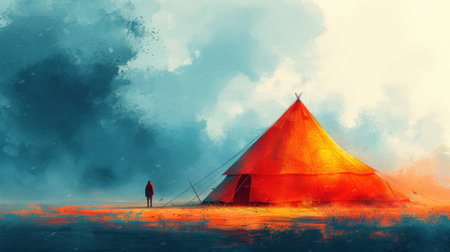 Tent Camping in a Foggy Landscape. Digital Painting.の素材