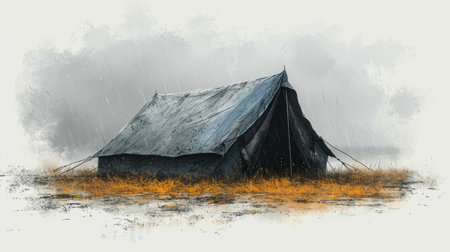 Abandoned tent in the middle of the field. Digital painting.の素材