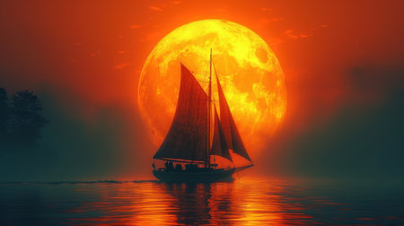Sailing boat in the sea at full moon. 3D renderingの素材