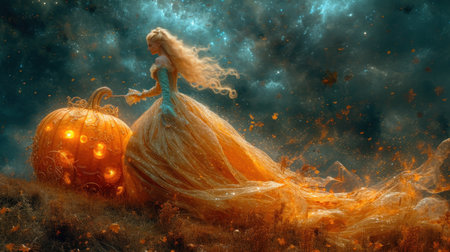 Beautiful girl in a long dress with a pumpkin on a background of the night skyの素材