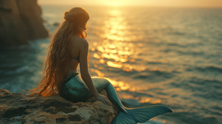 Beautiful mermaid sitting on a rock by the sea at sunsetの素材
