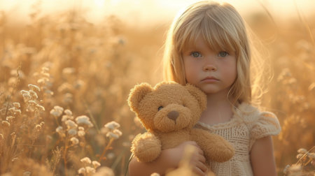 Portrait of a little girl with teddy bear in the fieldの素材
