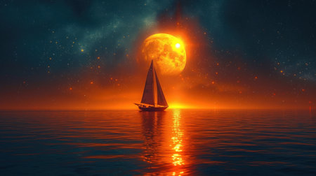 sailing boat in the sea with full moon - 3d renderの素材