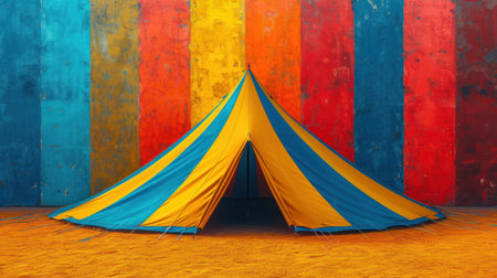 Blue and yellow tent on a wooden background. 3d rendering.の素材