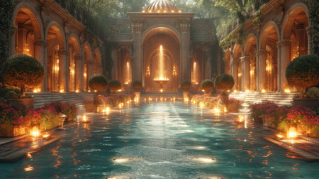 3d rendering of a fountain in the garden at night with lightsの素材