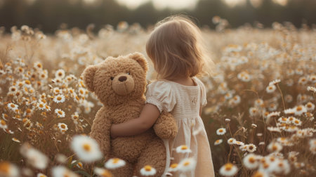Cute little girl with teddy bear in camomile fieldの素材