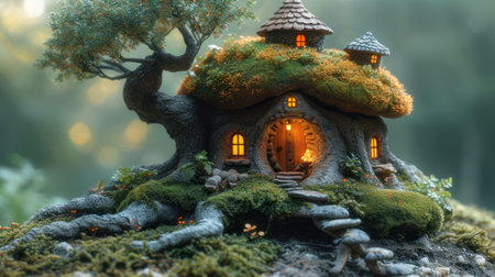 Miniature house made of green moss and fire. 3d renderingの素材