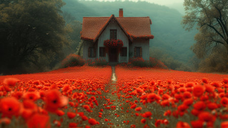 a house in the middle of a field with a lot of red flowers in the foreground and a foggy sky in the background with trees and mountains in the background. .の素材
