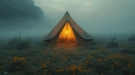 Tent in the meadow at sunrise. 3d render.の素材