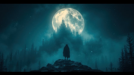 Silhouette of a witch on the background of a full moonの素材
