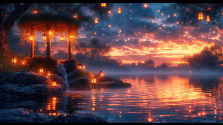 Lanterns on the lake at night. 3D renderingの素材