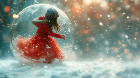 Little girl in a red dress and hat in a snow globe.の素材