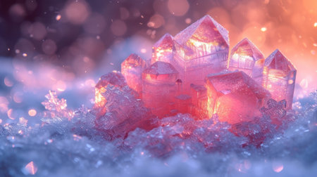 Christmas and New Year background with little houses on snow. 3d illustrationの素材