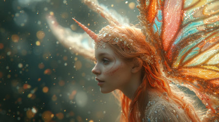 Fantasy portrait of a beautiful red-haired girl in a fairy costume.の素材