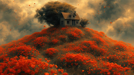 House on a hill of red poppies. 3D renderingの素材