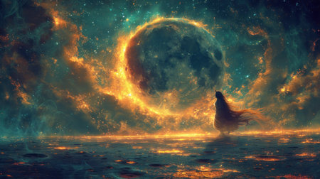 a woman standing in the middle of a body of water in front of a giant blue ball of fire and a black hole in the middle of the sky filled with stars. .の素材