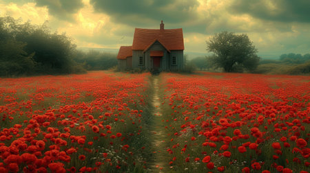 Abandoned house in a field of red poppies.の素材