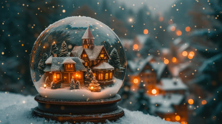 Snow globe with houses in winter forest. Christmas and New Year concept.の素材