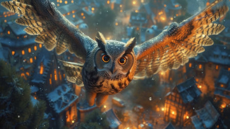 Fantasy scene with an owl in the city. 3d illustrationの素材
