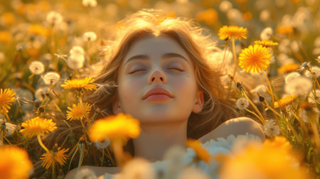 Beautiful young woman lying in the field of dandelions.の素材