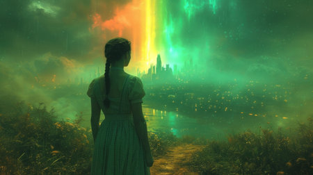 Woman in a fantasy landscape with a glowing rainbow above the city.の素材