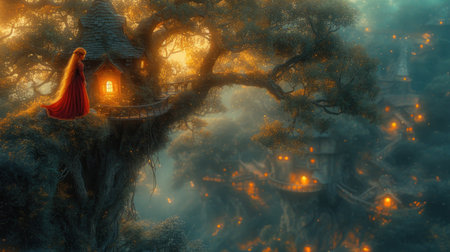Halloween background with old tree and witch's house. 3d renderingの素材