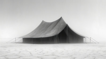 3D rendering of a tent in the middle of a foggy fieldの素材