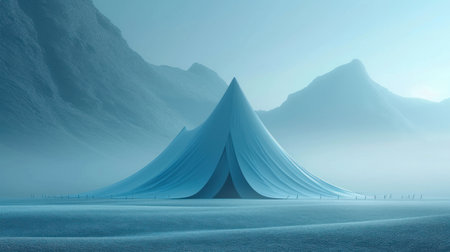 Fantasy landscape with a tent in the fog. 3D renderingの素材