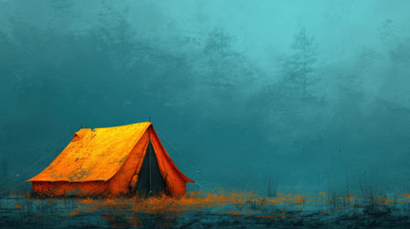 Orange tent in the foggy forest. 3d render illustration.の素材