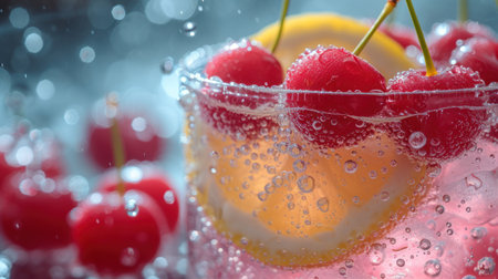 Cherry lemonade with ice and water drops, close-upの素材