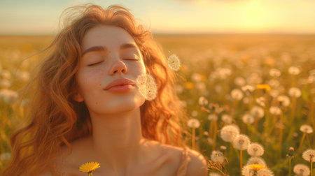 Beautiful young woman with dandelions on the field at sunsetの素材