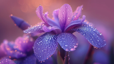 Beautiful purple iris flower with dew drops on petalsの素材