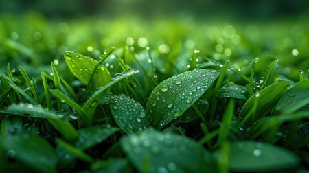 Green grass with dew drops close up. Nature background with copy space.の素材