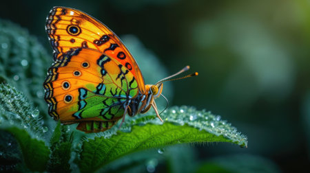 Beautiful butterfly on green leaf with dew drops in the morning.の素材