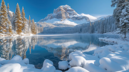 Majestic mountain lake in winter. Picturesque panoramic viewの素材