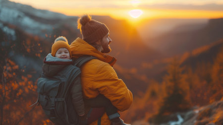 Mother and son travel in the mountains at sunset. Traveling with children concept.の素材