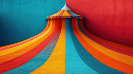 Colorful circus tent on blue and red background. 3d renderingの素材