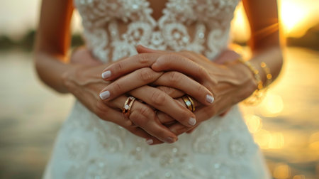 Wedding rings on the hands of the bride and groom.の素材