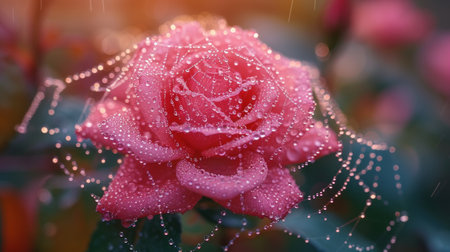 Beautiful pink rose with dew drops in the garden. Close up.の素材