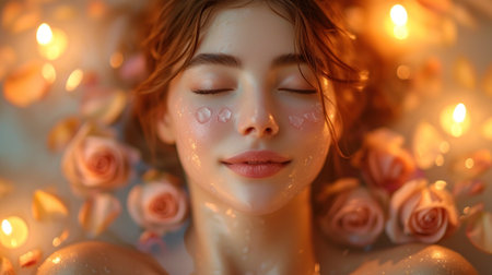 Beautiful young woman with closed eyes lying in a bath with rose petals. Spa treatmentの素材