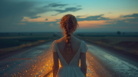Young woman in white dress standing on the road and looking at sunsetの素材