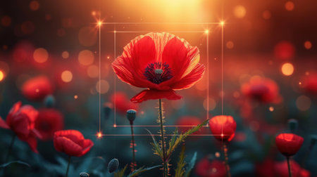 Beautiful red poppy flowers in the field at sunset. 3d renderingの素材