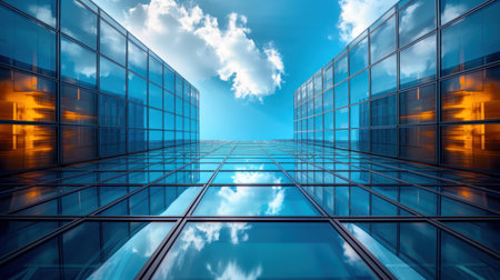 abstract background with glass skyscrapers and reflection on water surfaceの素材