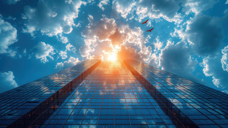Modern skyscrapers in business district at sunset. 3d renderingの素材