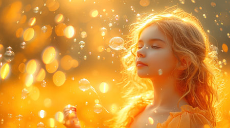 Beautiful young girl blowing soap bubbles in the field at sunset.の素材